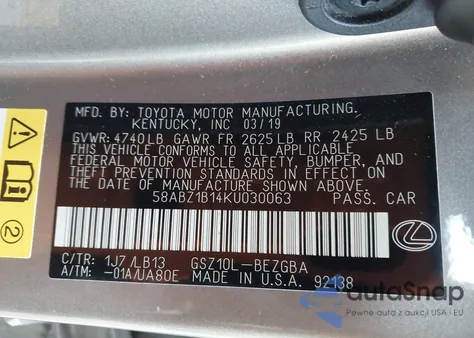 2019 Lexus Es 350 Luxury z USA, uszkodzony, nr VIN 58ABZ1B14KU030063